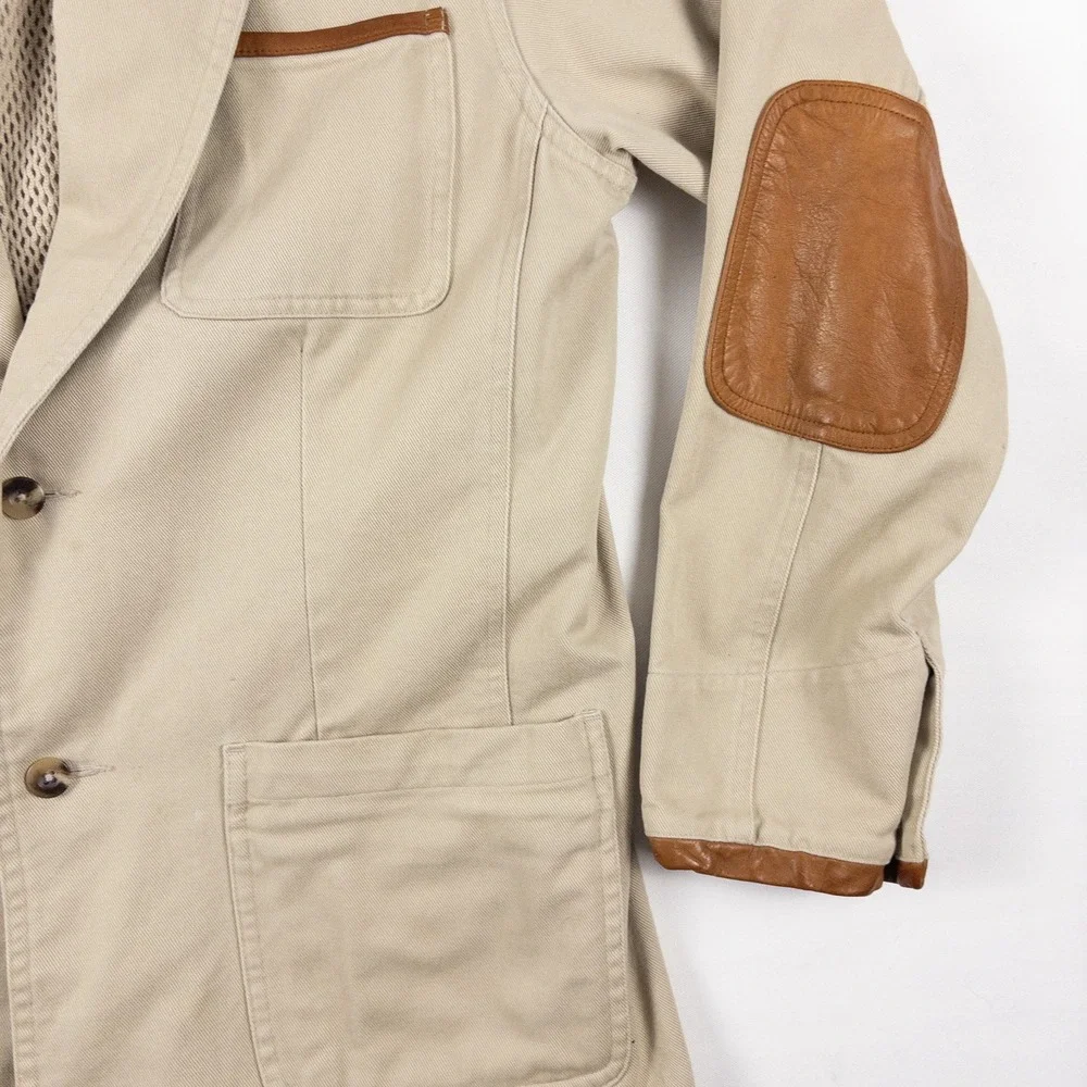 Roundtree Yorke Blazer Mens M Khaki Leather Elbow Patch Safari Sport Coat 90s